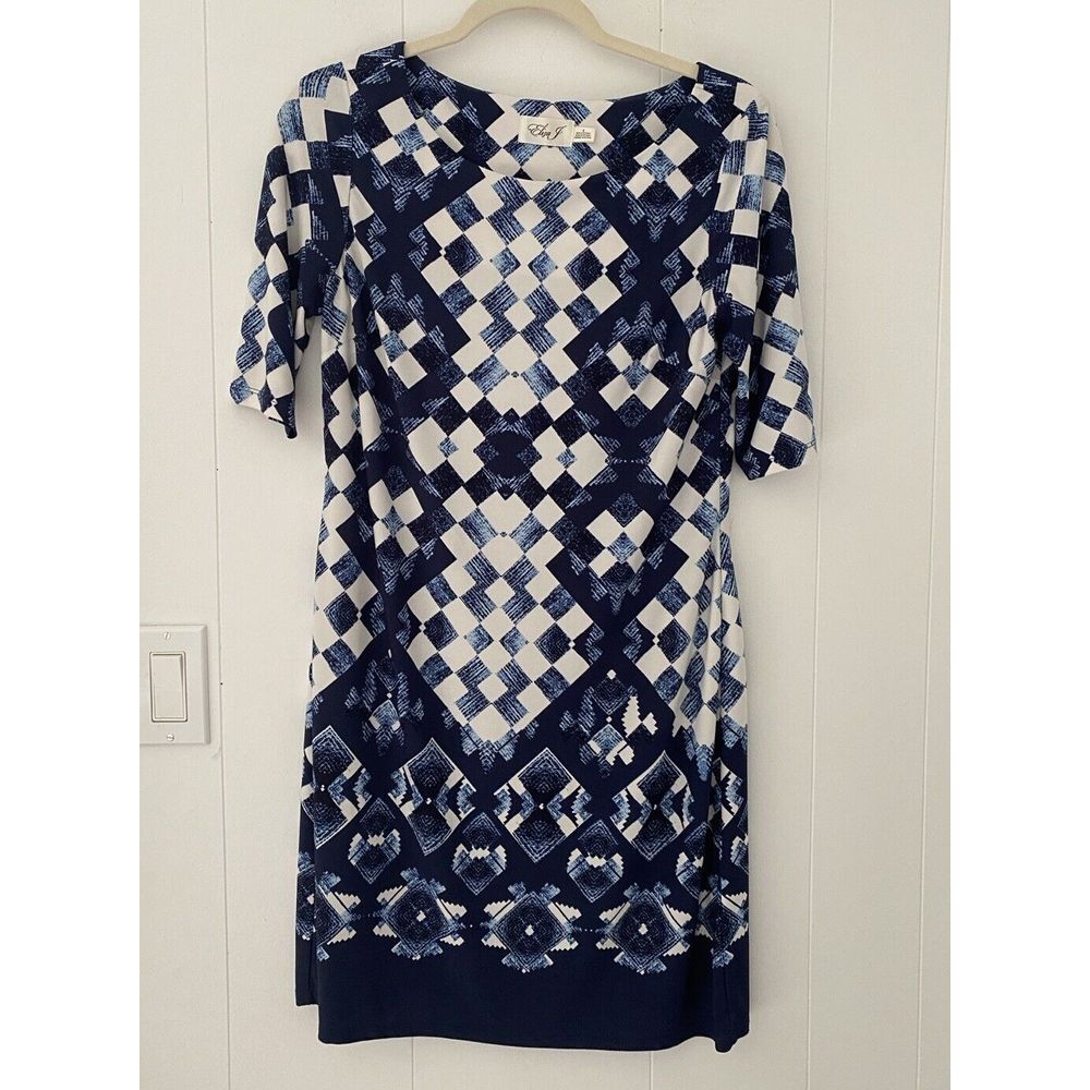 Eliza J Dress Women's 8 Medium Blue White Shift Mini Stretch Half Geometric - Picture 1 of 4